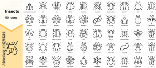 Set of insects icons. Simple line art style icons pack. Vector illustration