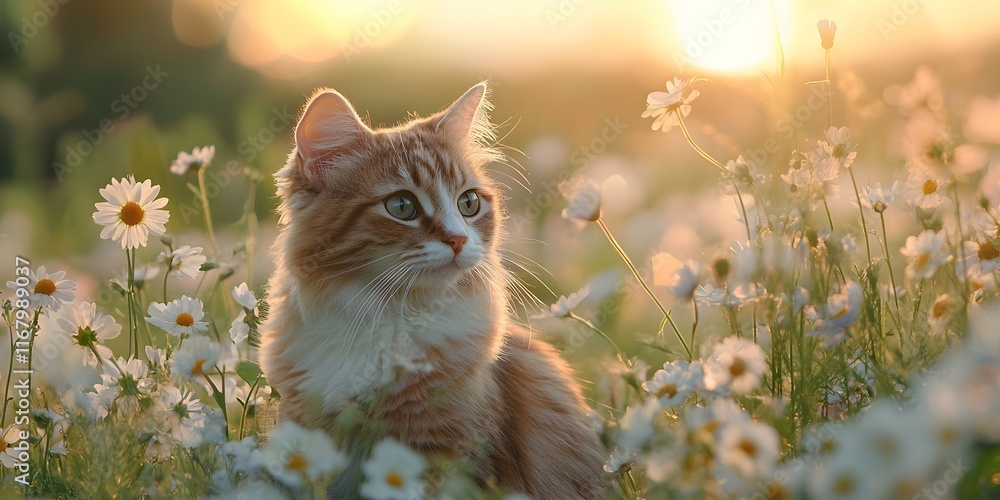 Obraz premium Golden Hour Cat in a Field of Daisies