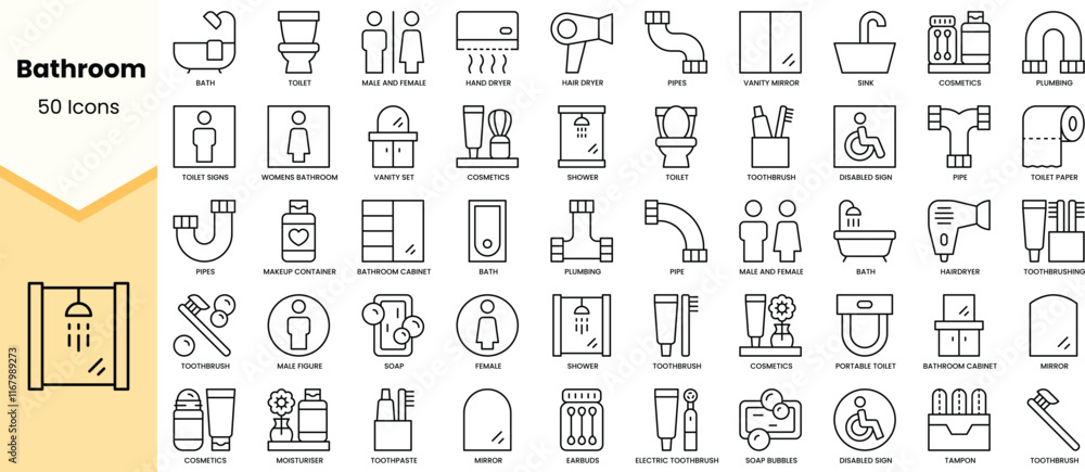 Set of bathroom icons. Simple line art style icons pack. Vector illustration Set of bathroom icons. Simple line art style icons pack. Vector illustration