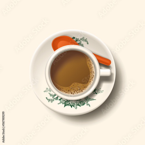 Nanyang Kopitiam Traditional Coffee Cup with Saucer and Spoon Top VIew.