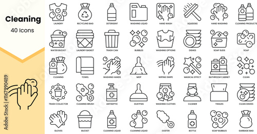 Set of cleaning icons. Simple line art style icons pack. Vector illustration