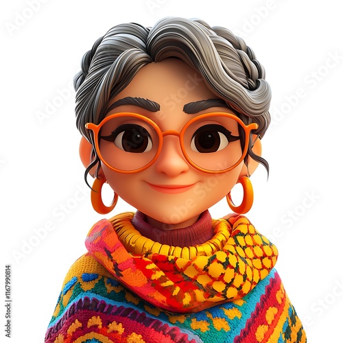 Cheerful 3D Render of a Smiling Elderly Woman with Gray Hair Wearing a Colorful Poncho. photo