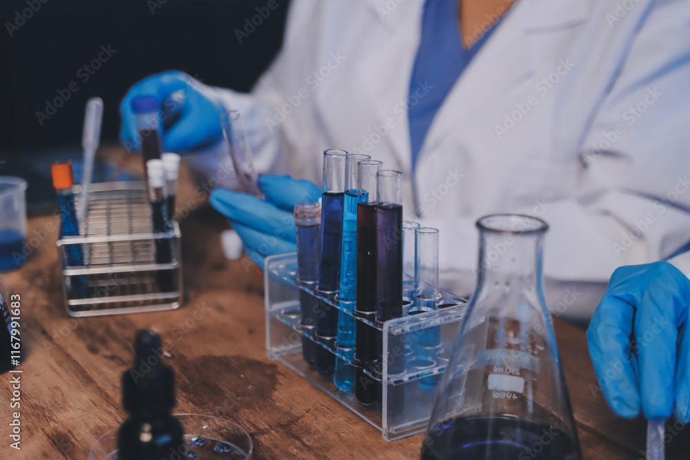 Blood test in the laboratory. Laboratory assistant working with the dispenser. Vacuum tubes with blood.