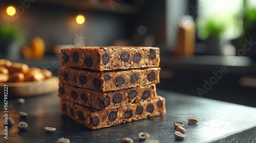 A stack of chocolate chip protein bars on a dark countertop, ideal for healthy snacking.