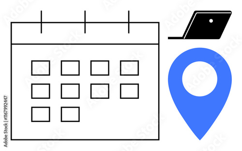 Simple calendar grid, notebook symbol, and blue map pin combined. Ideal for scheduling, productivity, event planning, location services, coordination organizational tools time management. Abstract