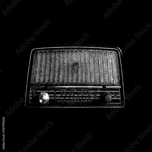 vintage radio hand drawing vector isolated on black background.