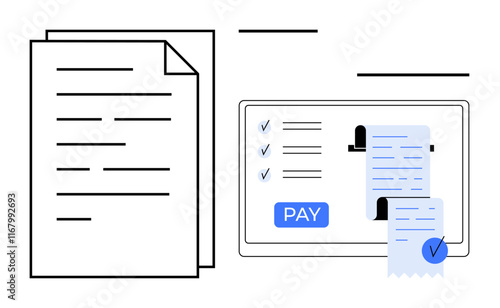 Digital bill payment process on tablet with Pay button, checkmarks on receipts, paper documents. Ideal for online transactions, finance management, paperless billing, digital receipts, electronic