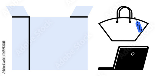 Open box beside designer handbag with price tag and laptop. Ideal for e-commerce, retail, fashion, shopping, package delivery, online transactions, consumer goods. Simple abstract line flat metaphor