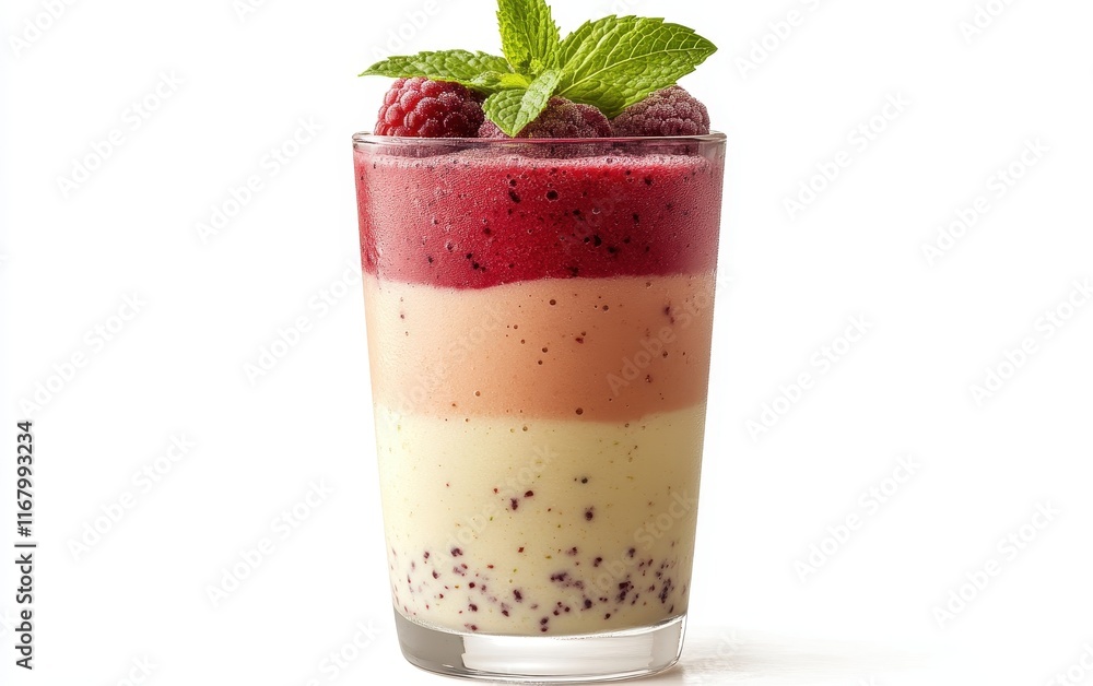 Layered Raspberry, Peach, and Vanilla Smoothie in a Glass with Mint Garnish A Delicious and Refreshing Summer Drink Recipe