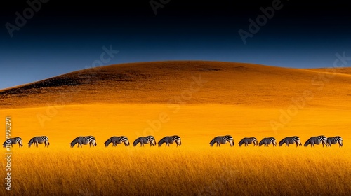 Zebras grazing in golden savanna at sunset. photo