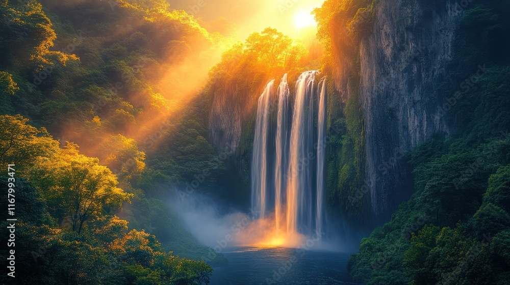 Majestic waterfall at sunset, golden light streams through lush green forest. Majestic waterfall at sunset, golden light streams through lush green forest.