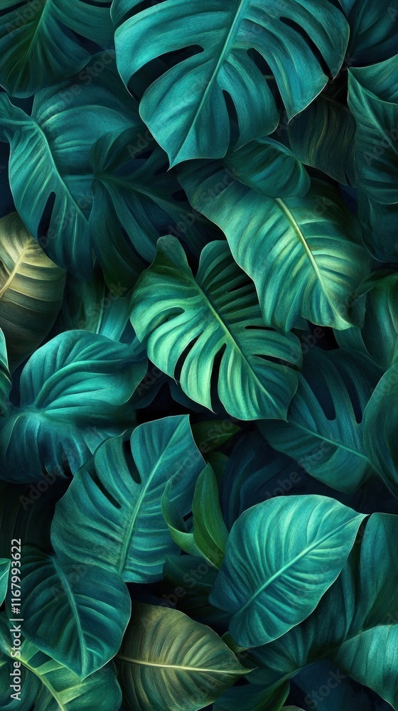 custom made wallpaper toronto digitalLush tropical monstera leaves filling the frame with verdant dense and overgrown foliage Abundant vibrant and flourishing greenery creates a rich luxuriant botanical background texture