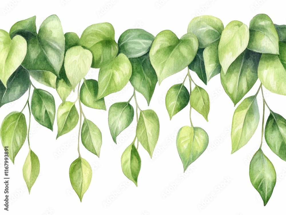 Fototapeta premium This beautiful watercolor artwork showcases a soft flowing ivy vine with delicate painted leaves in a soothing gradient of green hues The organic