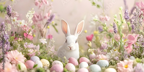 Spring Bunny in a Pastel Flower Garden with Easter Eggs