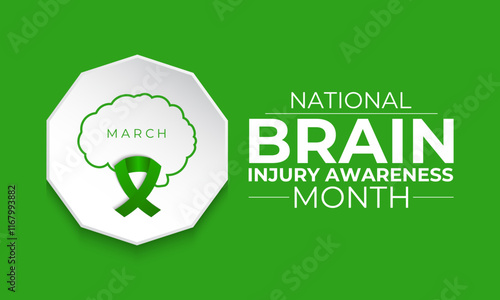 National Brain Injury Awareness Month is March Banner design template. Green ribbon with Human brain and stethoscope vector isolated on a white green colour background.
