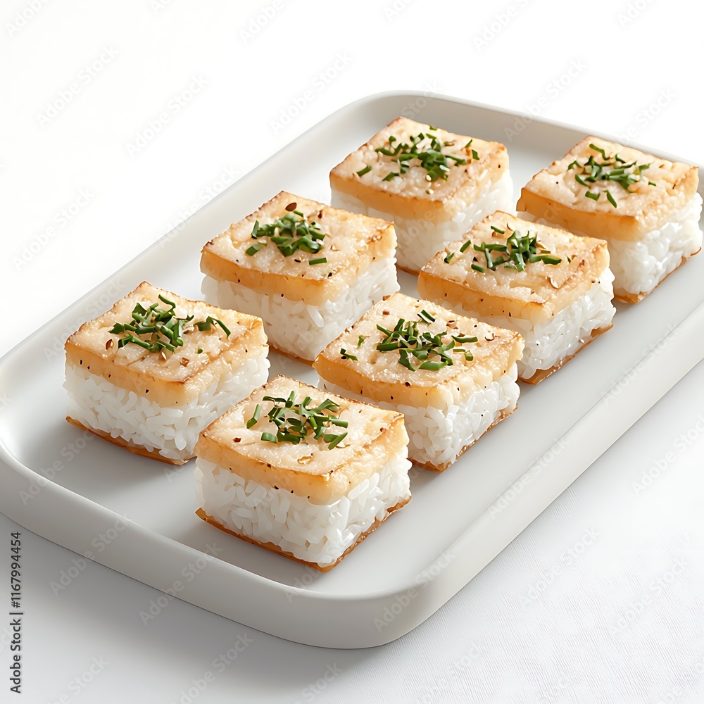 Delicious Pan-Fried Tofu Cubes on Rice, Garnished with Chives, Served on a White Rectangular Plate. Delicious Pan-Fried Tofu Cubes on Rice, Garnished with Chives, Served on a White Rectangular Plate.