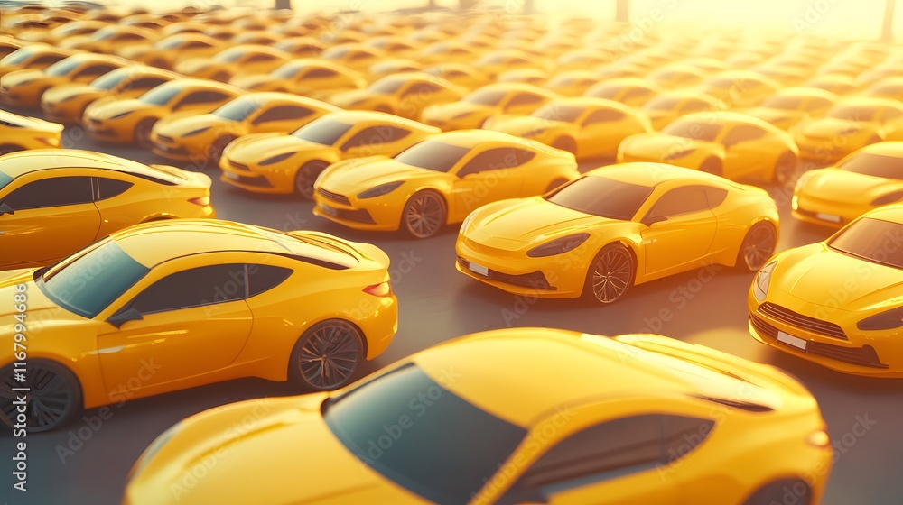Fototapeta premium Rows of Yellow Cars: Automotive Production