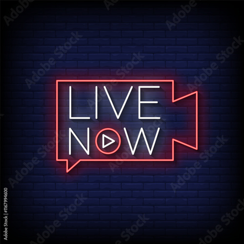 live now neon sign style with brick wall background vector