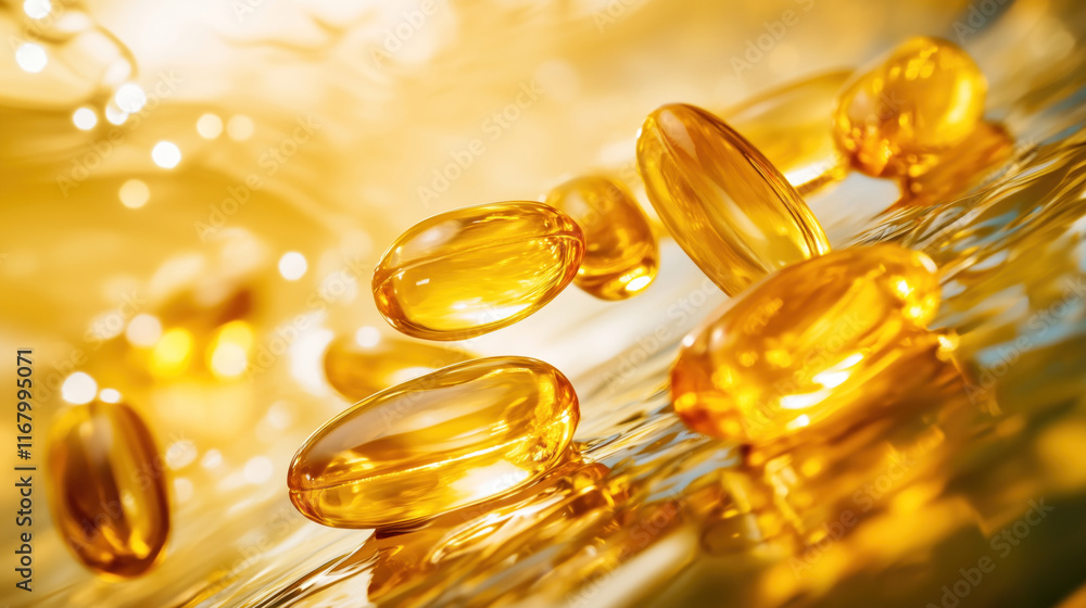 macro of yellow oil capsules vitamins supplements background golden sunlight bright light macro of yellow oil capsules vitamins supplements background golden sunlight bright light