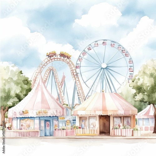 Soft  muted watercolor painting depicting a charming carnival scene with a classic Ferris wheel and roller coaster rides surrounded by pastel colored clouds and a serene  picturesque landscape
