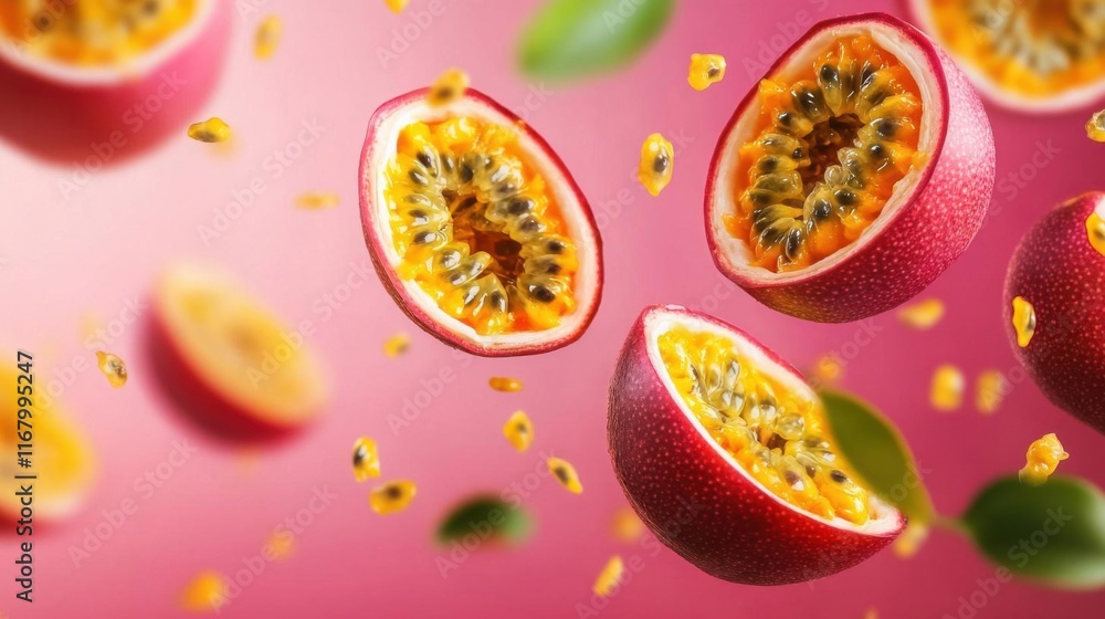 Fresh passion fruit slices with seeds and leaves on a colorful background. Fresh passion fruit slices with seeds and leaves on a colorful background.