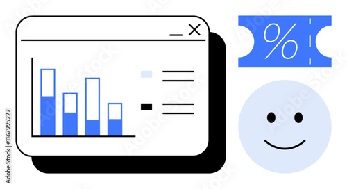 Digital interface displaying bar chart, percentage discount coupon, and happy face. Ideal for business analytics, market research, customer satisfaction, e-commerce, financial forecasting