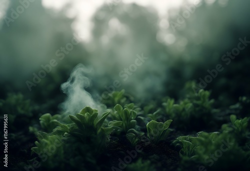 bed plants mysterious green smoke tinged small setti. rises dark dense ethereal photo