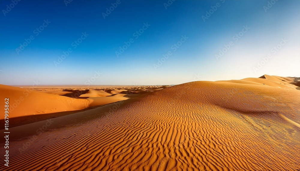 Naklejka premium A serene desert landscape with golden sand dunes under a clear blue sky.