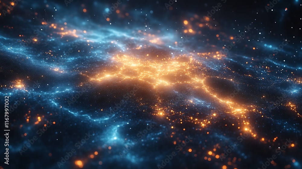 Fototapeta premium Abstract cosmic energy, glowing nebula with blue and orange particles.