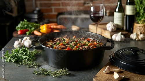 Stew steaming in pot, surrounded by vegetables and wine bottles. photo