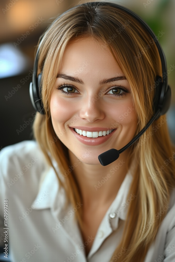 A smiling young woman call center operator wearing a headset, looking directly at the camera. She has long blonde hair and is dressed in a light-colored shirt. The background is blurred. A smiling young woman call center operator wearing a headset, looking directly at the camera. She has long blonde hair and is dressed in a light-colored shirt. The background is blurred.