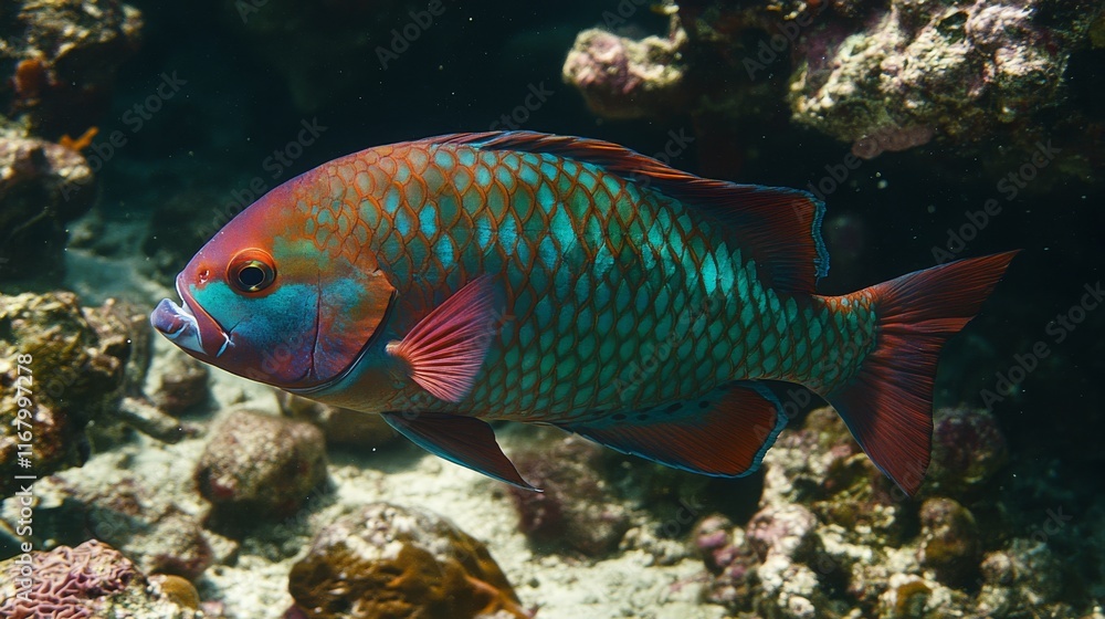 Vibrant Underwater Scene of a Colorful Parrotfish Swimming Among Coral Reefs, Showcasing Its Striking Patterns and Nature’s Marine Beauty in a Tropical Ocean Environment Vibrant Underwater Scene of a Colorful Parrotfish Swimming Among Coral Reefs, Showcasing Its Striking Patterns and Nature’s Marine Beauty in a Tropical Ocean Environment