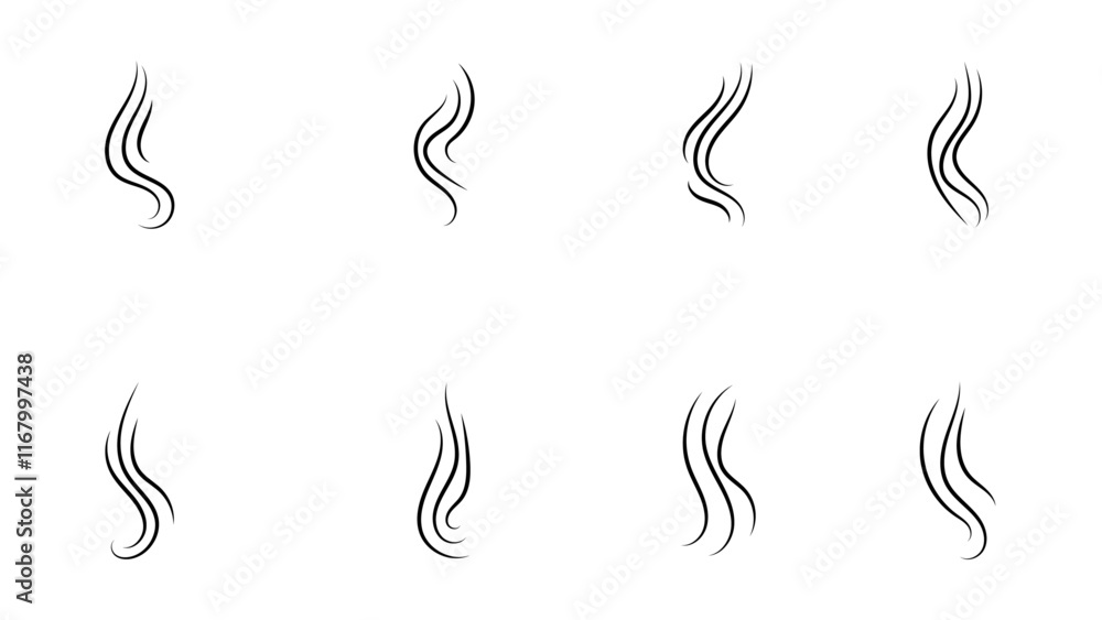 Smoke steam icon vector logo set. Smells line hot air icon set. steam aroma heat icon illustration. Hot vapor fire doodle line logo. Hit stink, coffee, fragrance flame elements. Vector illustration