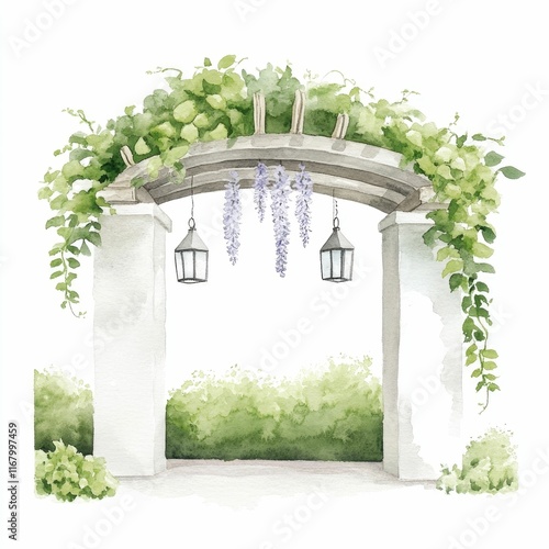 Soft watercolor style of an ivy covered pergola with hanging lanterns and climbing wisteria in delicate pastel colors creating a romantic and enchanting garden scene