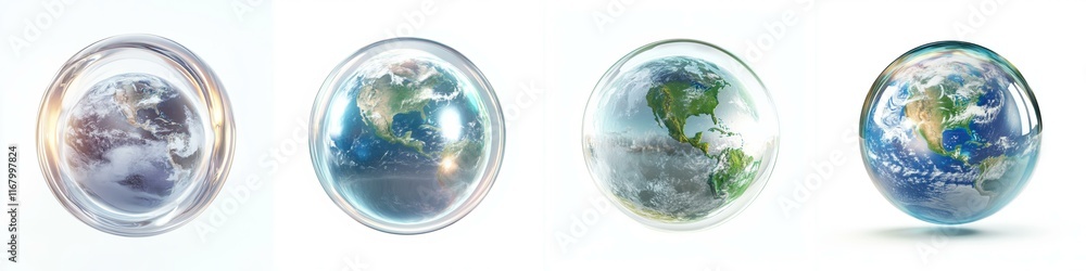 Four glass orbs displaying different representations of Earth, showcasing various globe designs and perspectives. Four glass orbs displaying different representations of Earth, showcasing various globe designs and perspectives.