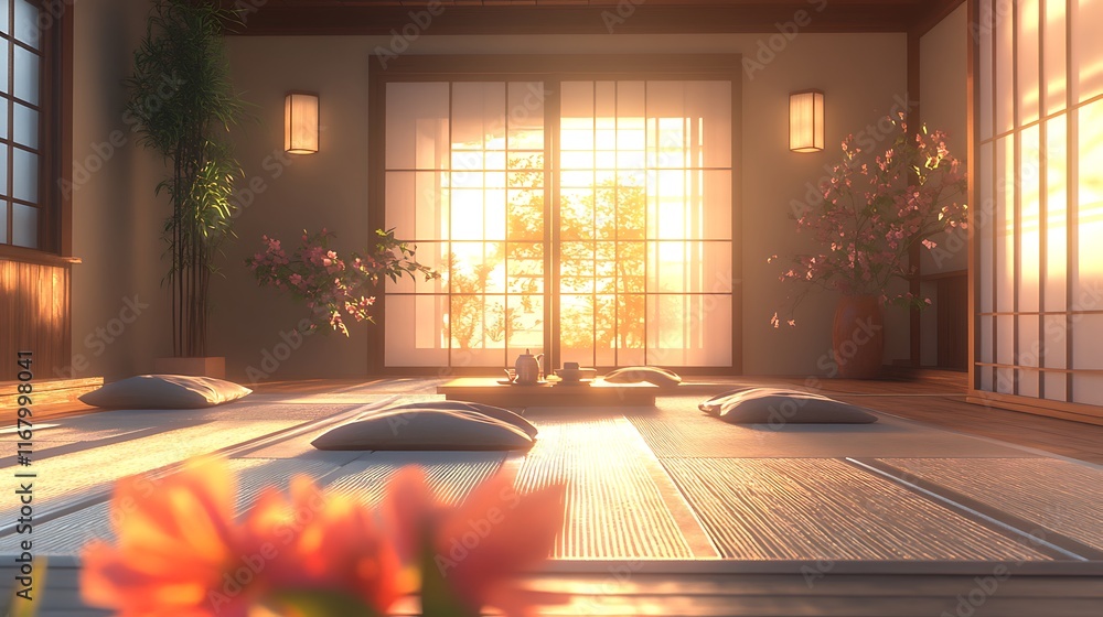 Fototapeta premium Tranquil tea ceremony japanese room interior design serenity morning