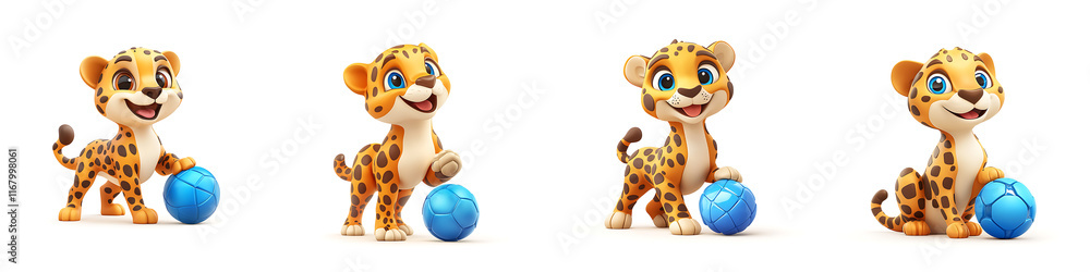 Four playful cartoon leopards with blue balls, showcasing cheerful expressions and vibrant colors, perfect for kids' content. Four playful cartoon leopards with blue balls, showcasing cheerful expressions and vibrant colors, perfect for kids' content.