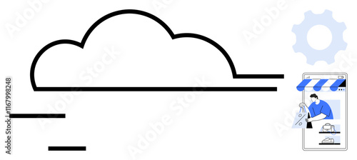 Cloud outline connected to horizontal lines, gear icon, mobile phone showcasing online store. Ideal for IT, cloud services, digitalization, e-commerce, small businesses, technology integration