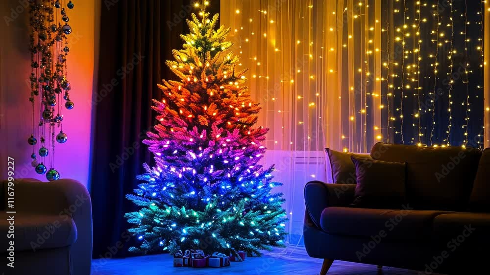 A vibrant, multicolored Christmas tree in a cozy living room setting. A vibrant, multicolored Christmas tree in a cozy living room setting.