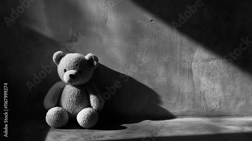Teddy bear sits against wall in dark room, light shining down.