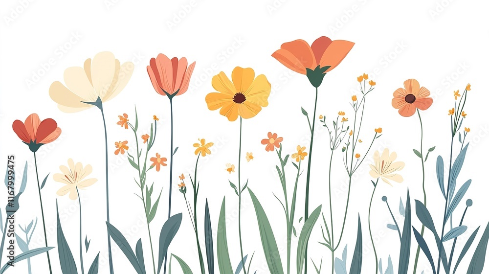 Fototapeta premium Clean and elegant cartoon flower design, white background, simple line art. 
