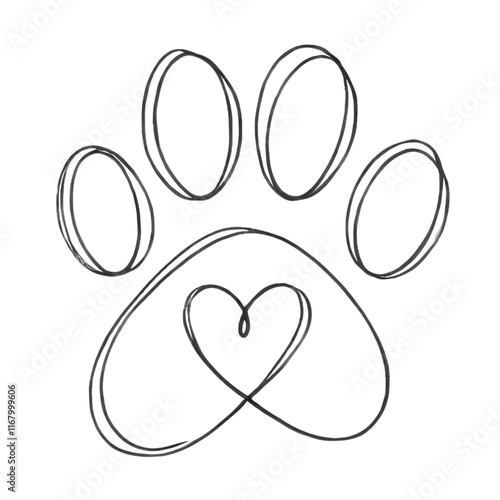 Paw Print Line Art with Heart Detail.