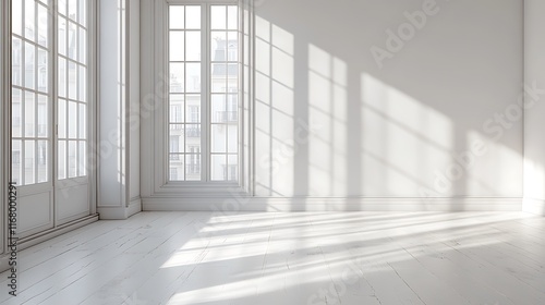 Bright sunlight streaming through white modern room windows