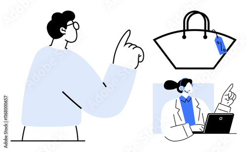 Person points toward a handbag with price tag customer support representative assists via laptop. Ideal for e-commerce, online shopping, customer service, retail, tech support, fashion