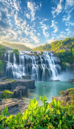 Majestic waterfall cascading through lush greenery vietnam nature photography serene environment wide angle perspective natural beauty