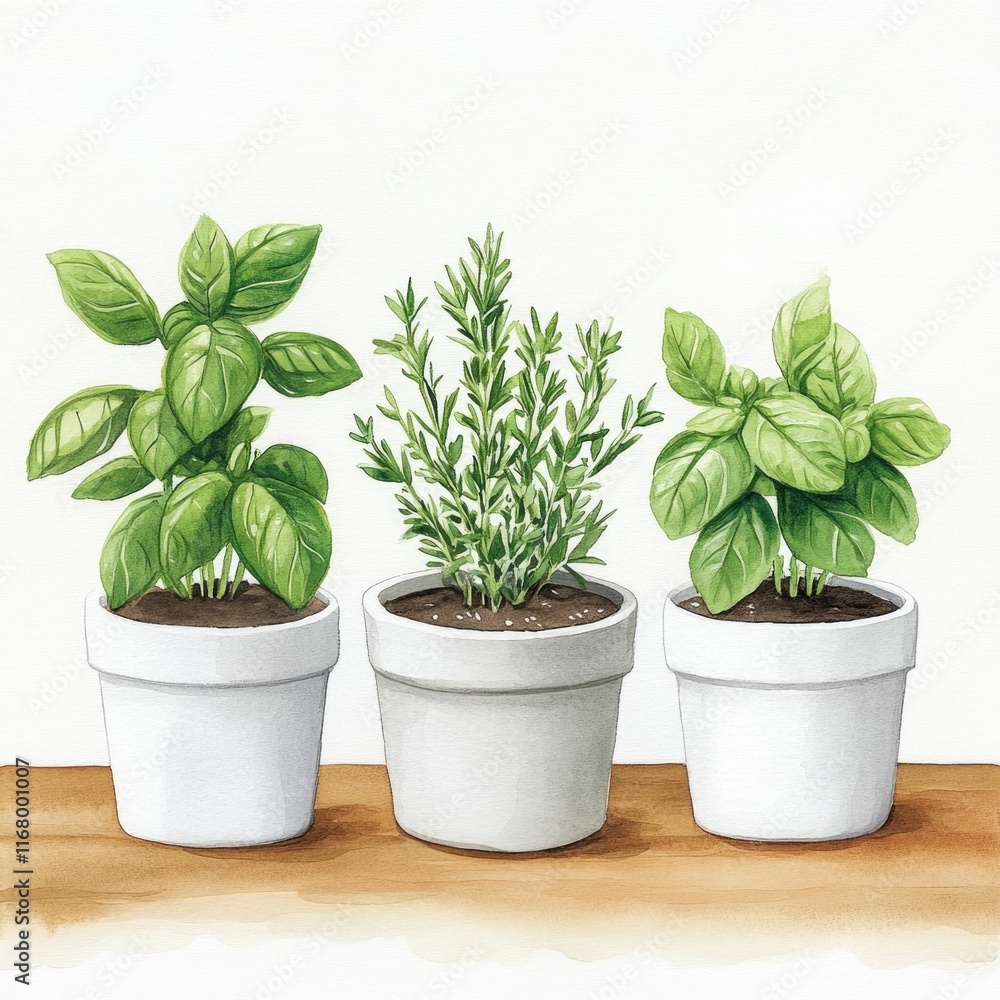 Obraz premium Watercolor of a Herb Garden with Potted Basil Rosemary and Thyme Plants Surrounded by Soft Textures and Pastel Accents Ideal for Home Decor Cooking and Wellness Themes