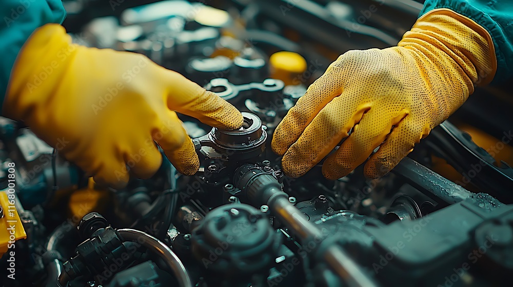 Gloved Hands Inspecting Engine Component Carefully Gloved Hands Inspecting Engine Component Carefully