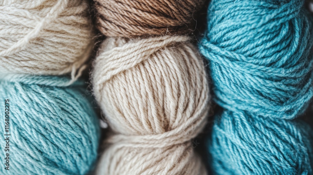 Close-up view of assorted wool yarn skeins in shades of beige, brown, and teal, ideal for various crafting activities Close-up view of assorted wool yarn skeins in shades of beige, brown, and teal, ideal for various crafting activities