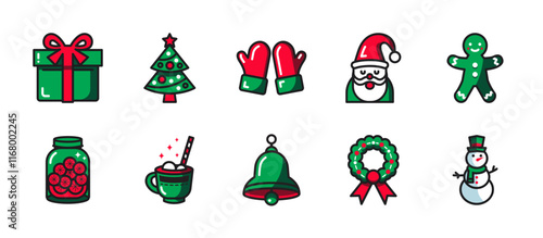 Christmas icon pack with dual-color style, featuring gifts, pine trees, Santa, jingle bells, cookies, wreaths, snowman, and more. Perfect for holiday designs, cards, and festive projects.