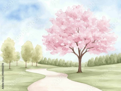 Watercolor Painting Depicting a Blooming Cherry Blossom Tree in a Serene and Lush Garden Landscape with a Winding Path Soft Pinks and Greens Create a Dreamy and Enchanting Atmosphere